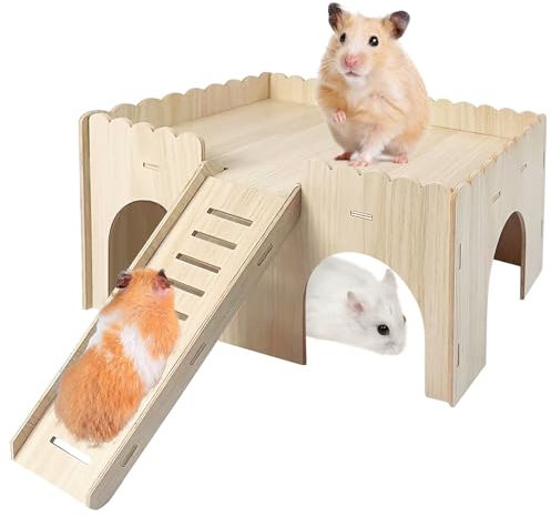 Hamster Haus Holz, Meerschweinchen Haus mit Rampe 4 Eingänge, Hamsterhaus, Mehrkammernhaus Hamster, Meerschweinchen Zubehoer, Kaninchenhaus, Haus für Zwerghamster, Rennmäuse, Degus, 38 x 24 x 24 cm