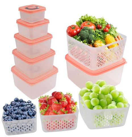 ANJUKE Frischhaltedosen Obst Gemüse mit Deckel Sieb, Vorratsdosen 10PCS 0.2L+0.4L+0.8L+1.5L+2.3L+3.7L, BPA frei, Frischhalteboxen dicht trennbar, Kühlschrank Organizer Set, Salat Beeren Aufbewahrung