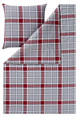ESTELLA Bettwäsche Quirin 4448 810 Grau Kuschelflanell Karomuster Kariert Quadrate Linien Rot, Größe:155 cm x 220 cm