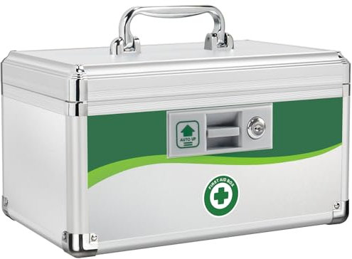 ZORVIDSON Lockable Medicine Box, Medication Storage with Key Lock, Portable First Aid Safe Empty Box, Layered Aluminum Daily Medicine Organiser for Home 12 x 7.87 x 7.68 Inch (Medium - 12inch)
