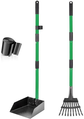 Dog Pooper Scooper Tray & Rake Kit, Heavy Duty Dog Poop Scooper with Adjustable Metal Long Handle, Portable Large Dog Poop Picker Upper with 10 Waste Bag for Yard, Walks, Grass & Garden Leaves