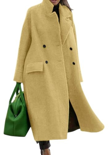 CHARTOU Women Oversized Long Winter Coats Warm Wool Blend Pea Trench Coat Overcoat, Yellow, X-Large
