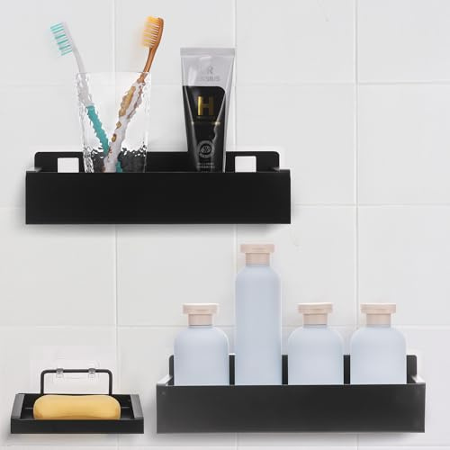JIZZU Lot de 3 étagères de douche en acier au carbone, sans perçage, avec porte-savon, étagère murale autocollante pour salle de bain, capacité de charge de 5 kg, pour shampooing, après-shampooing