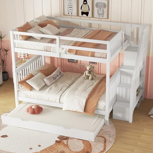 Huayz Etagenbett 140x200 mit Ausziehbett und Treppe, Kinderbett Hochbett für 3 Kinder, Jugendbett mit lattenrost und Rausfallschutz, Stockbett Funktionsbett, ohne Matratze (140×200cm)