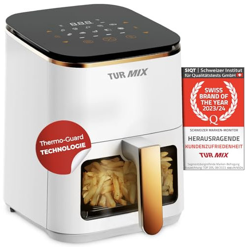 TURMIX Heißluftfritteuse weiß CX 250 - Compact 3.5L Airfryer 1350W Transparentes Fenster, Touchdisplay mit 10 automatische Garprogramme - Schweizer Marke des Jahres