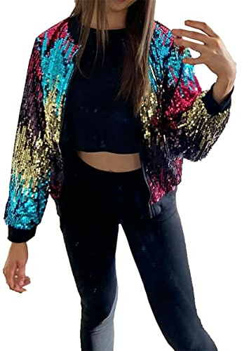 Damen-Bomberjacke mit Reißverschluss, Regenbogen-Pailletten, Glitzer, langärmelig, mehrfarbig, ausgefallene Partykleidung, Winterjacke, regenbogenfarben, 16-18