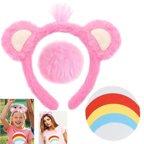 iZoeL Karneval Bär kostüm Kinder Damen, Bärenohren Haarreif Schwanz Vierblättriges Kleeblattaufkleber Karneval Kostüm Accessorie, Bär Kopfbedeckung Faschingskostüme Halloween Mottoparty Rosa