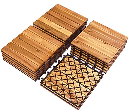 LIFEZEAL Piastrelle in Legno di Acacia Imbeditabili 27 Pz 30 x 30 CM Rivestimento per Pavimento Esterno ed Interno,Impermeabile, Grata Legno per Terrazza, Balcone, Soggiorno, Marrone (Stile 2)