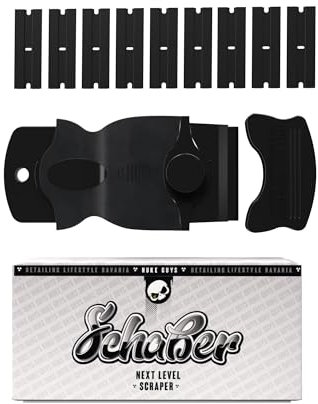 NUKE GUYS Kunststoff Schaber mit 10 Ersatzklingen zum Entfernen von Kleberesten | Kleber Entferner beseitigt Aufkleber Vignetten Plaketten Folie | Kunststoffschaber Kleberentferner