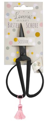 Loveria Bastelschere Schwarz | 14,5cm lang | Rostfrei, für Papier, Stoff & Garn | mit Farbiger Quaste | Retro Vintage Schere für Erwachsene & Kinder