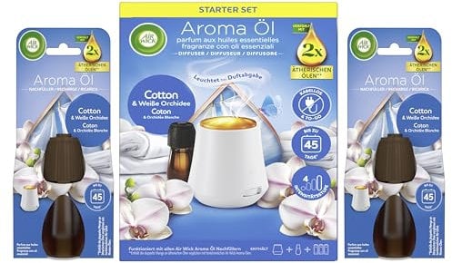 Air Wick Aroma-Öl Diffuser Starter-Set inklusive 3x20ml Cotton & Weiße Orchidee Nachfüller