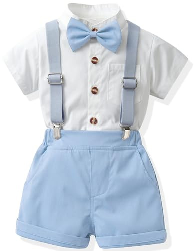 Yaopelky Tenue formelle pour enfant - Chemise à manches courtes - Nœud papillon - Short à bretelles - Costume de mariage pour garçon, bleu, 3-4 Years