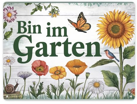 Bin im Garten Metallschild XXL in 28x38 cm mit Schmetterling und Blumen Garten-Deko mit Blumenmotiv für Naturliebhaber