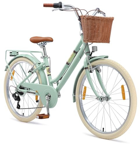 BIKESTAR Alu Kinderfahrrad ab 9-10 Jahre | 24 Zoll City Retro Bike, 7 Gänge, Korb, V-Bremse, Hollandrad | Mint | Risikofrei Testen