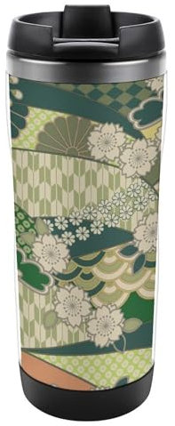 JZemdybill 13oz/380ml Stainless Steel Insulated Travel Coffee Cup, Japanese Pattern Travel Mug with Leakproof Lid, Non-Slip Bottom