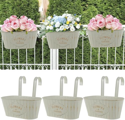 QINGLANG 6 Pack Hanging Flower Pots Outdoor Fence Metal Iron Hanging Planters for Railing Fence Balcony Garden Decoration Rustic Hanging Flower Bucket with Detachable Hooks & Drainage Hole