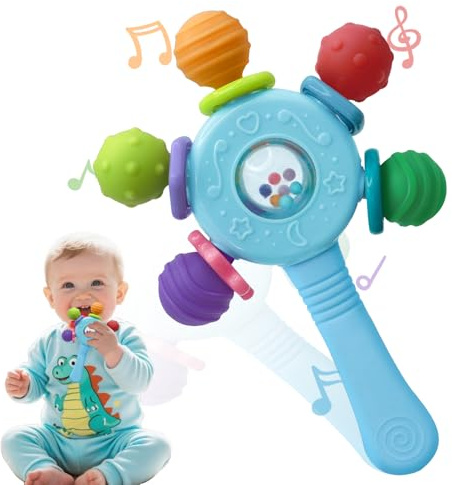Baby Spielzeug 6 Monate,Babyspielzeug 0-6 Monate,Beißringe Babys,Rasseln für Neugeborene mit Dreh- und Schüttelfunktion, Weihnachtsgeschenke für Jungen & Mädchen 0,3,4,5 Monate (Blau)