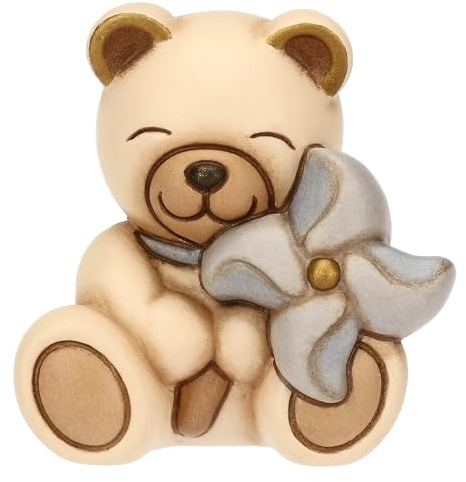 THUN - Teddy mit hellblauem Windrad - Keramik - Kollektion Bonboniere - 5,2 x 4,1 x 5,2 cm