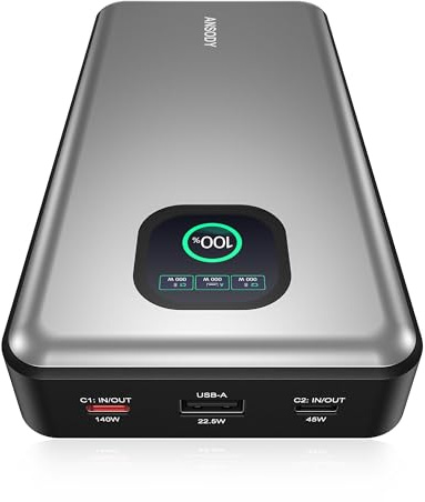 Ansody 140W Laptop Power Bank, 25000mAh with TFT Smart Digital Display | LED Digital Display, Travel Essential Battery Pack for MacBook Dell XPS iPad Tablet Steam Deck iPhone 17-12 Series Galaxy S26