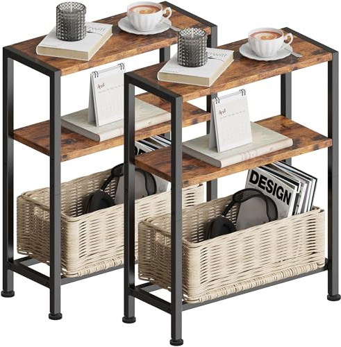 Schmaler Beistelltisch, Nachttisch, 2er Set, 3 Ablagen Nachttisch Schmal mit Stauraum, sofa beistelltisch für schmale Räume, Kleiner Tisch, für Wohnzimmer, Schlafzimmer, Küche &Balkon (Vintagebraun)