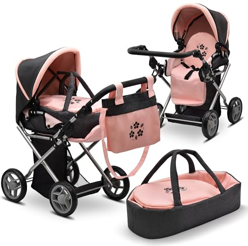 Baby Doll Convertible Pram Stroller with Removable Travel Bassinet Carrier for Kids Adjustable Handle Buggy Carriage with Canopy and Storage Basket 25 Inch Pink, Black