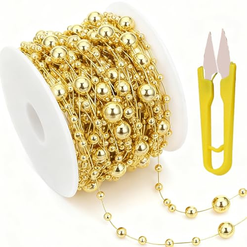 Perlenkette für Weihnachtsbaum, 30M Gold Perlenband Perlenkette Deko für die Schmuckherstellung, Perlenkette Tischdeko & Partydekoration, Perlenkette zum Aufnähen & Basteln