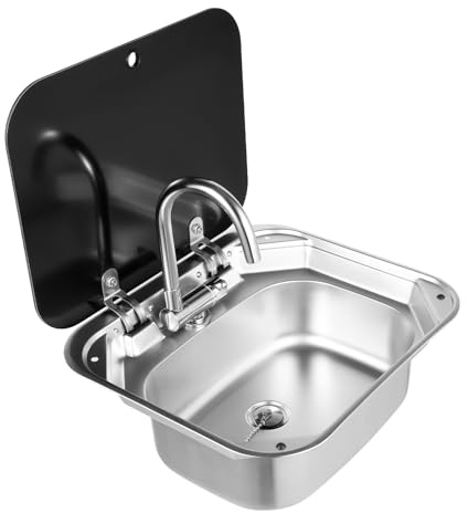 Ensemble évier de camping en acier inoxydable avec couvercle rabattable et robinet, lavabo compact pour camping-car, camping-car, caravane, avec tuyau d'évacuation et accessoires de montage, 42,3 x