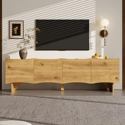 Kelodan Mueble para TV con patrón de olas de 155 cm – Consola multimedia con espacio de almacenamiento, cuatro puertas y conductos para cables en acabado de madera, diseño elegante para sala de estar