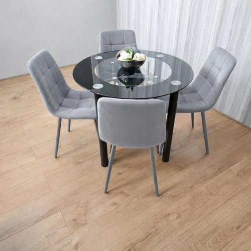 KOSY KOALA Glass Round Dining Table and Chairs Set - Tempered Black Glass Kitchen Table with 4 Grey Velvet Dining Chairs - Modern 4 Seater Kitchen Room Furniture - 90 x 90 x 75 cm