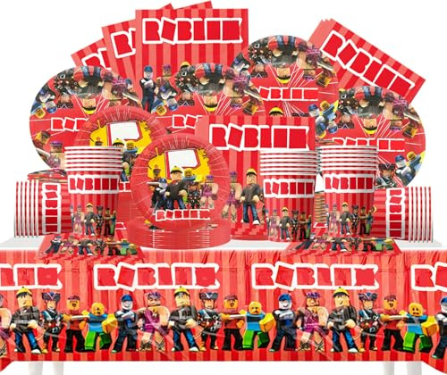 FYFLYMT Set Vaisselle Fête Roblx, 61 pièces Décoration d'anniversaire Roblx | déco Fête à Thème et Anniversaire, Assiettes Papier, Gobelets, Serviettes Nappe pour 10