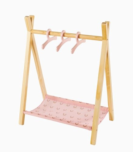 Ivy & Lily Wooden Doll's Clothing Rail, Natural Wood and Pink, 50 x 29.7 x 65 cm, with Storage Shelf, Ages 3+