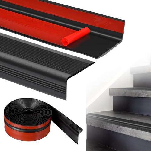 Profilo per bordi delle scale, autoadesivo, 10 m, rivestimento antiscivolo in PVC per gradini di colore nero, protezione dei bordi con funzione antiscivolo per proteggere dalle cadute, ideale per