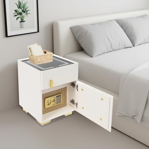 ZNLLQZN 2-in-1 Nachttisch Beistellschrank Intelligenter Nachtschrank, Nachtkommode mit Tresor, Bluetooth-Lautsprecher und Zwei Lademethoden, für Wohnzimmer und Schlafzimmer, 40x40x50cm (Weiß)