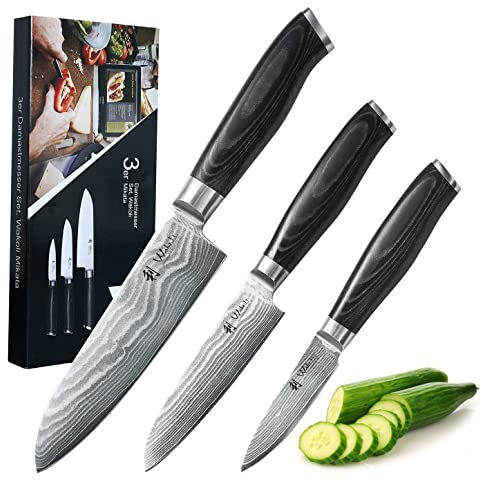 Wakoli Damastmesser Set, 3-teilig, 8-17 cm Klingen, 67 Lagen Damaststahl mit VG10-Kern, Ergonomischer Micarta-Griff, In edler Geschenkbox – Hochwertiges Profi Küchenmesser Set