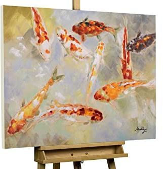 KunstLoft Leinwandbild | 100% HANDGEMALT | 100x70cm | Gemälde 'Teich voller Kois' | Fische & Meerestiere | Bunt | Wandbild Wohnzimmer
