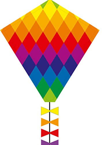 HQ Design Ecoline Eddy 50cm Kinderdrachen Flugdrachen Einleiner ab 5 Jahre, 50x45cm+2.5m Drachenschwanz inkl. 10kp Polyesterschnur 25m auf Griff, 2-5 Bft (Rainbow Patchwork)