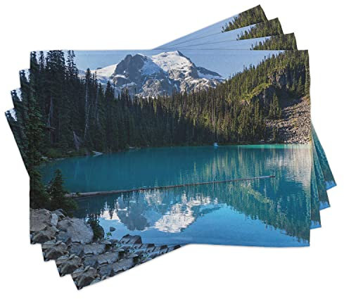 ABAKUHAUS Landschaft Platzmatten, See In Nordkanada Mit Dünnen Bäumen Und Schnee Gefrorenen Gebirgen Felsen, Waschbare Stoff Esszimmer Küche Tischdekorations Digitaldruck, Blaugrün Immergrün