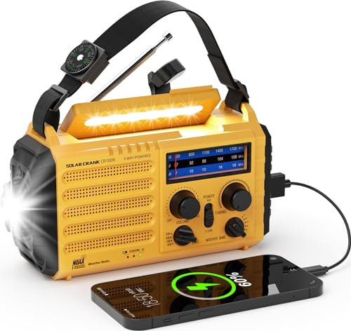 5-way Powered 5000mAh Weather Radio, NOAA Emergency Crank Solar AM/FM/Shortwave Radio with Flashlight, Reading Lamp, SOS Alarm, USB Charging Port, Portable Outdoor Survival Kit for Earthquake Flooding