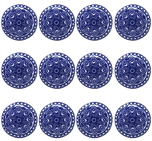 Ajuny Set of 12 Ceramic Knobs Blue White Printed Cupboard Door Drawer and Furniture Vintage Pulls for Kitchen Cabinets Bathroom Dresser Handmade Pottery Decorative Knobs