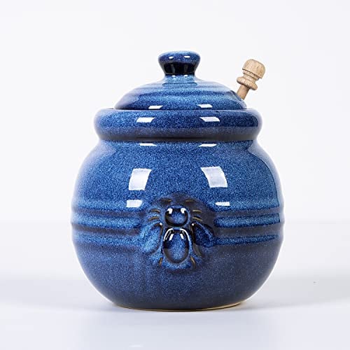 Cutiset Ceramic Honey Pot with Lid and Dipper, rustic Honey Jar (Blue)