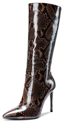 Castamere Moda Stivali Alti Ginocchio Cerniera Donna Tacco a Spillo 10CM Alto Tacco Marrone Serpente Pelle Verniciata Scarpe EU 40