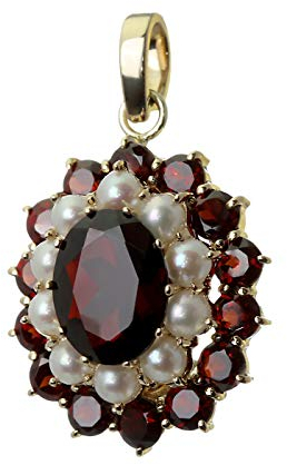 NKlaus Solitär Granat mit Süßwasserperle Kettenanhänger 14 Karat 585 Gelb Gold 3210
