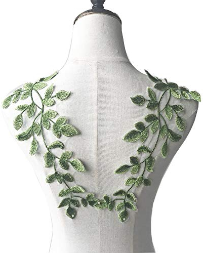 Mirror Pair Green Leaves Lace Applique Forest Vine Lace Trims Embroidery Sewing Patches for Costume Craft Projects (Green)