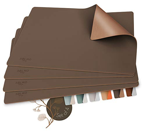 sølmo I Designer Tischset aus PU-Leder, Hitzebeständig Zweifarbig I 4er Platzset abwischbar, Tischset Leder, Platzdeckchen, Platzset Leder, Tischset Kinder (Brown/Gold) (43 * 30 cm)
