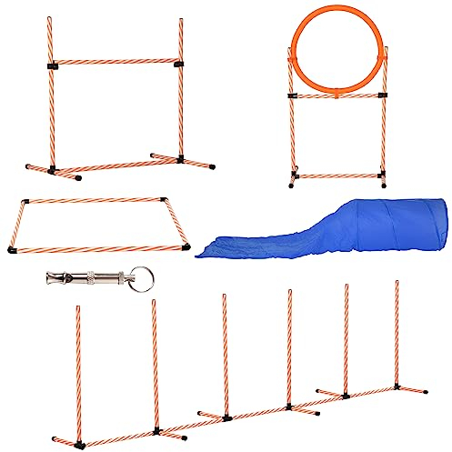 PawHut Hunde Agility Set 5-teiliges Hundetrainigsset Agility-Ausrüstung für Hundetraining, Steckhürdenset mit Hundetunnel, Slalomstangen, höhenverstellbar Hürden Trainingszubehör für Spiele Training