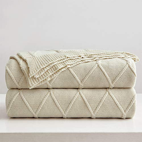 Longhui bedding 100% Cotton Cream Lightweight Cable Knit Throw Blanket with Bonus Laundering Bag for Couch Sofa Bed – Large 60 x 80 Inch, Machine Washable, Home Décor, Beige