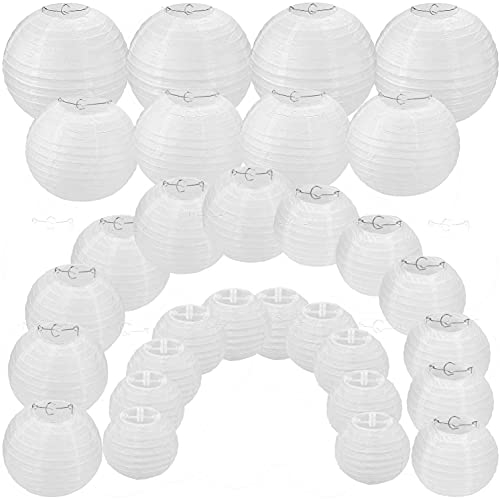GOYADA 30 Stück Lampions Weiß 10/15/20/25/30cm, Laterne Papier Weiss, Lampions Papier Weiß Rrund Lampenschirm, zum Aufhängen, für Hochzeiten, Geburtstage, Partys, Verschiedene Größen