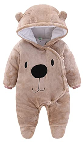 FEESHOW Baby Fleece Overall Strampler Mit Kapuze Mädchen Jungen Schneeanzüge Winter Warm Jumpsuit Spielanzug Kaffee_A 74-80/9-12 Monate