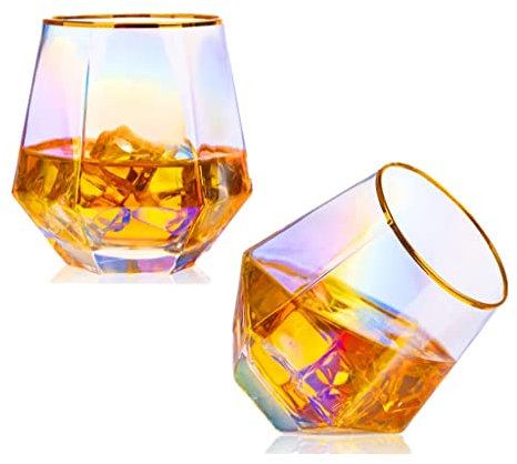 Lot de 2 verres à vin de Noël irisés sans pied en forme de diamant arc-en-ciel de 56,7 à 305 g, avec bord doré, parfaits pour le vin rouge, les spiritueux, les cocktails, le whisky, le bourbon ou les