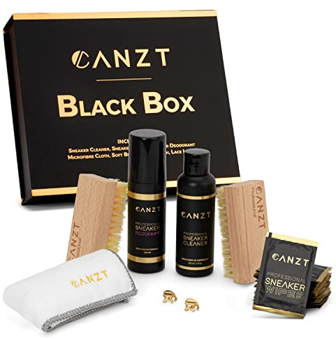 Canzt Kit Nettoyage Baskets Black Box – Nettoyant Chaussures Premium pour Cuir, Suède, Nubuck & Textile – Inclus Brosse, Lingettes, Déodorant & Chiffon Microfibre